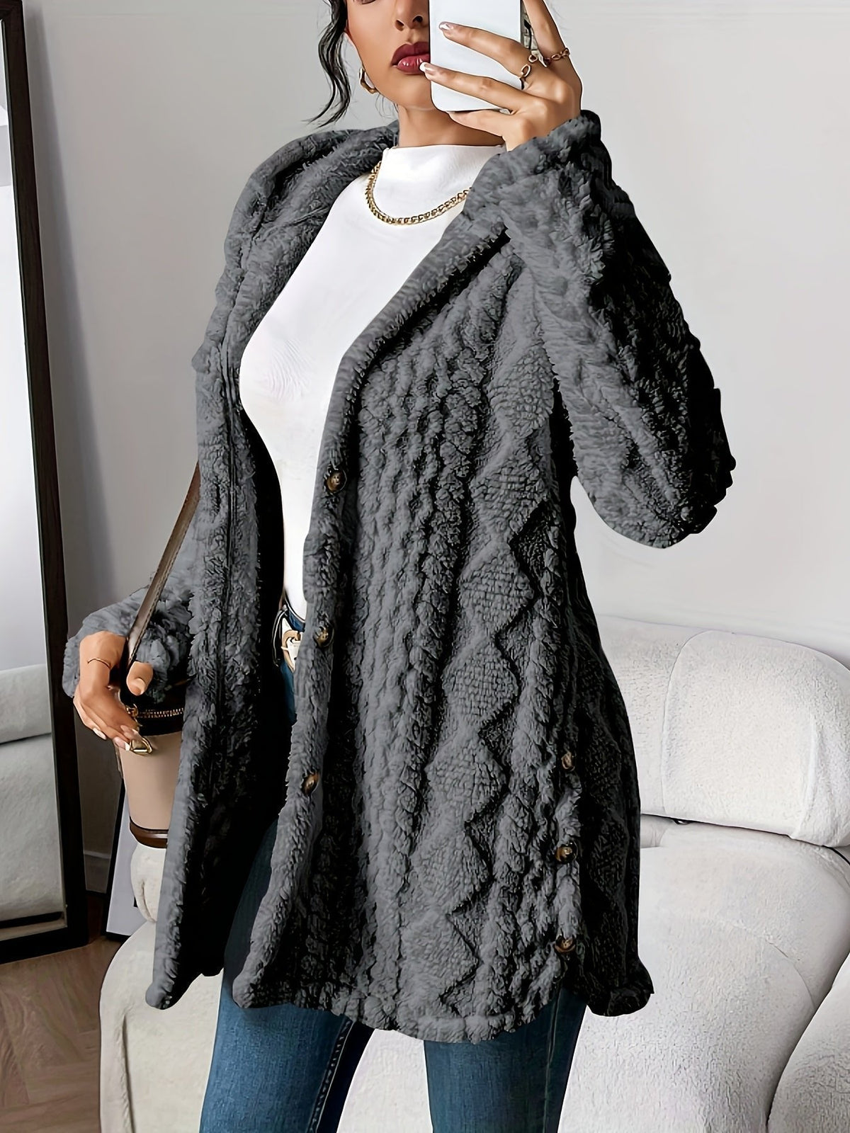 Women's Plush Hooded Cardigan with Textured Button Front