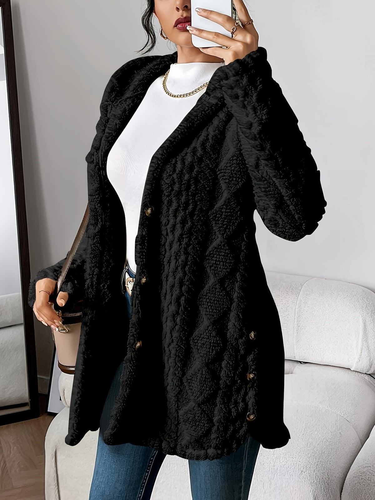 Women's Plush Hooded Cardigan with Textured Button Front