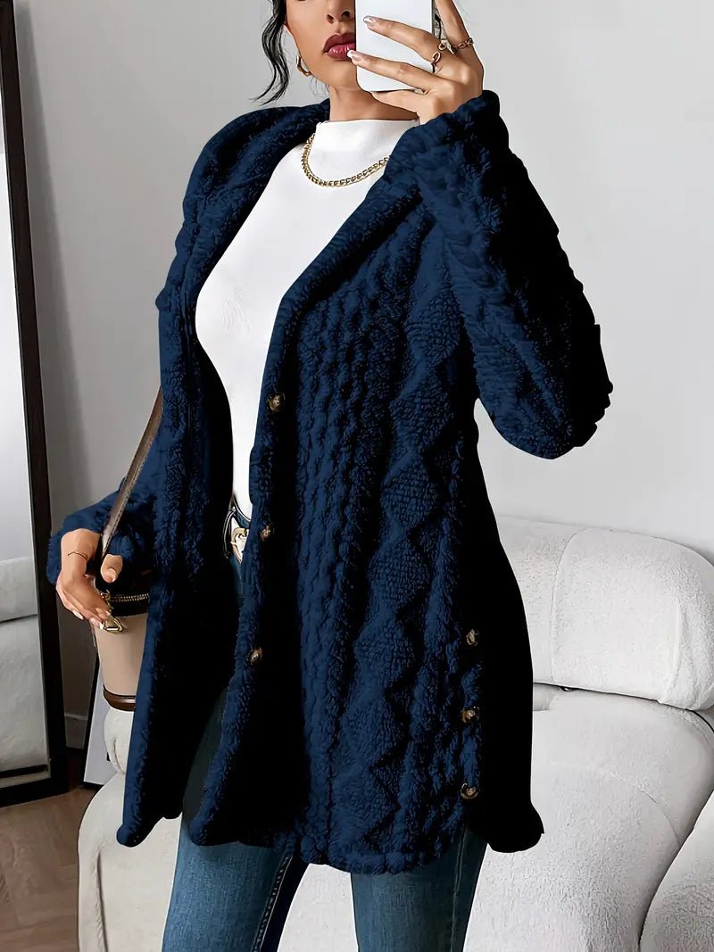 Women's Plush Hooded Cardigan with Textured Button Front