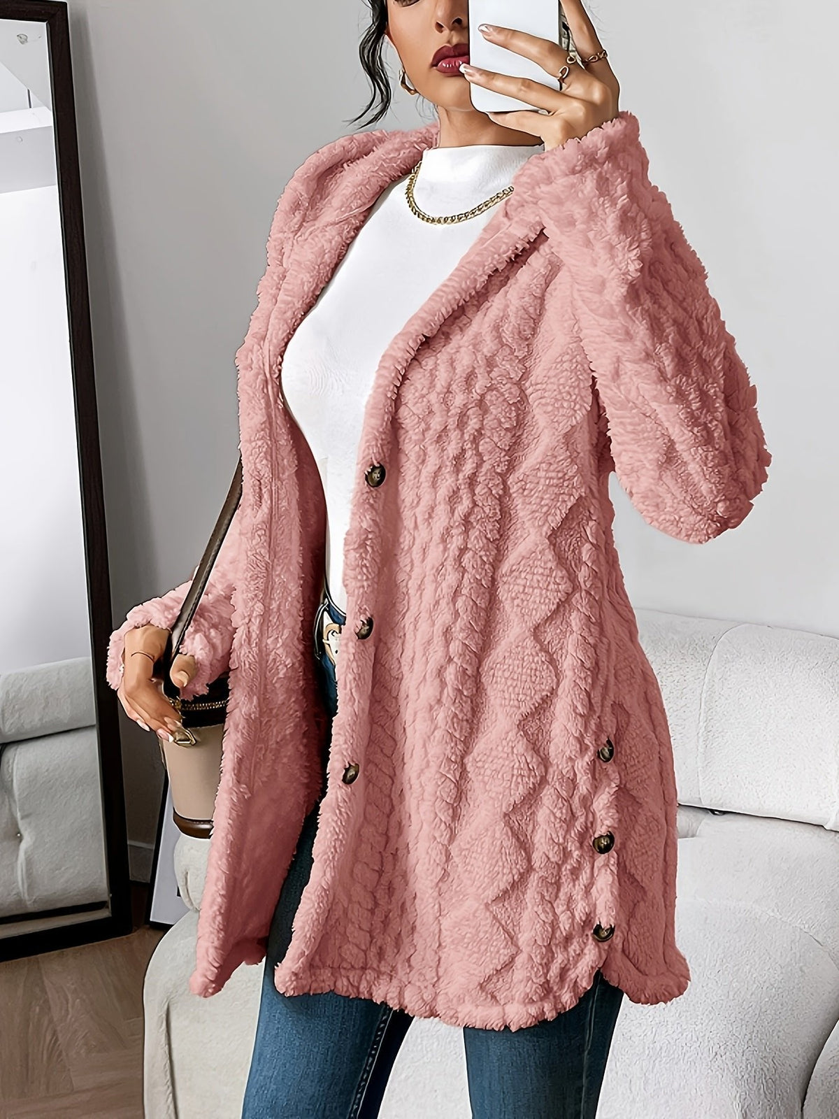 Women's Plush Hooded Cardigan with Textured Button Front