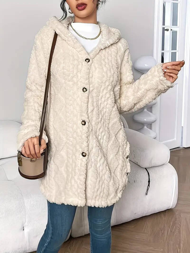 Women's Plush Hooded Cardigan with Textured Button Front